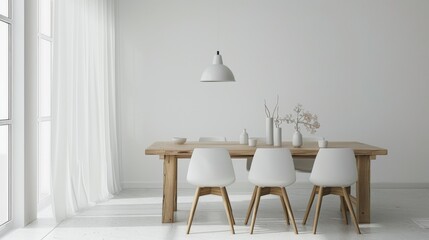 Minimalist dining area with a plain wooden table, white chairs, and a pendant light above, focusing on clean lines and functionality.