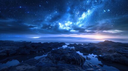 blue night sky with stars over the sea, rocky beach at low tide with reflections and silhouette of sun on horizon, - Powered by Adobe