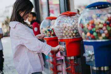 Smiling young woman using a coin-operated gumball machine on the sidewalk with people in the...