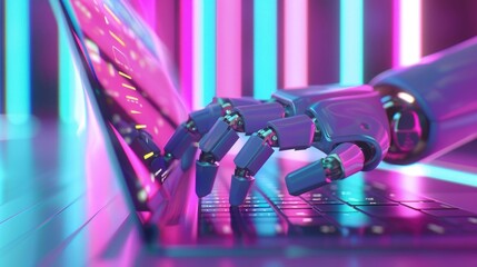 3d render of robot hand touching laptop keyboard, close up, pink and blue light background, - Powered by Adobe