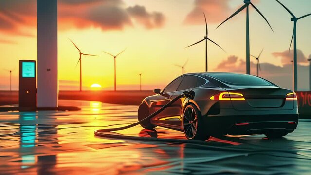 Electric Vehicle Charging Station Video Background. Black electric car charges at a futuristic station against a backdrop of wind turbines and a vibrant sunset. Green energy and electric vehicles.