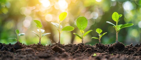 Rows of young green plants grow in soil under sunlight, symbolizing growth, nature, and agriculture in a garden or farm setting.