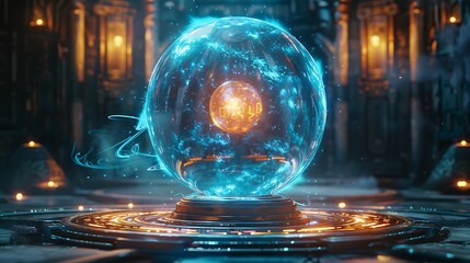 A glowing orb of pure energy, hovering above a pedestal of intricate circuitry, pulsating with otherworldly power.