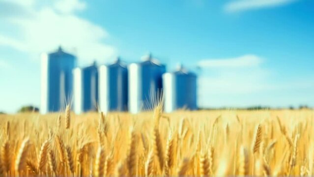 Golden Wheat Field Harvest Video Background. Ripe wheat sways gently in the breeze, with grain silos in the background, creating a scenic video for agriculture, food production, or harvest themes.