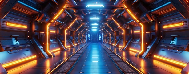 Futuristic spaceship, glowing lights on the sides of the walls, yellow and red emergency lines. underground tunnel. Job ID: 62dfe64b-5dbc-46c2-a999-afe1fe0c8061
