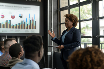 Confident african-american businesswoman presents colorful charts and data analysis to attentive colleagues during a corporate meeting in a modern office setting