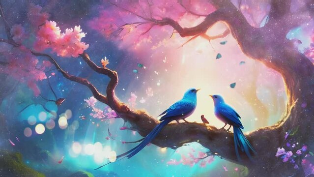 pair of beautiful birds in a cherry blossom tree with a peaceful atmosphere, seamless looping time lapse virtual 4k video animation background.