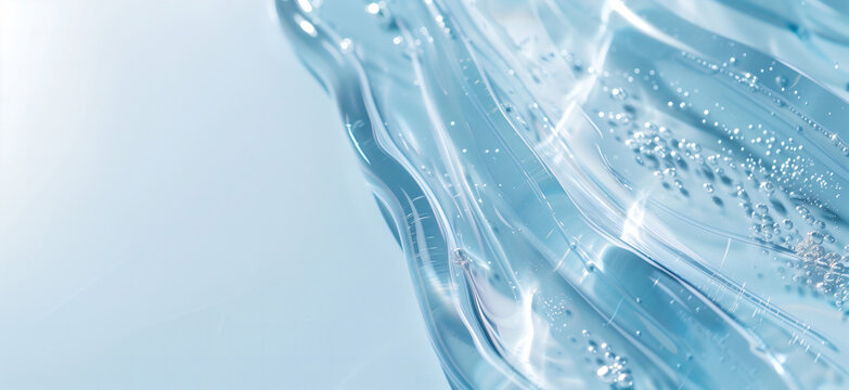 Beauty transparent moisturizing hydration hyaluronic acid gel serum texture detail close up make-up and cosmetic theme. Skin care product concept background blue color.