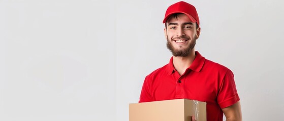 Smiling delivery person in red uniform holding a cardboard box, ready for dispatch. Efficient and reliable courier service background.