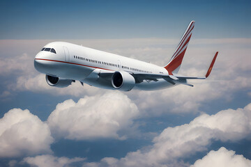 Fototapeta premium Airplane in the Clouds and Blue Sky in the Background, Over the Cloudy Sky, Passenger Civil Airplane Jet Flying at Flight Level High in the Sky Above the Clouds and Blue Sky, View Directly in Front