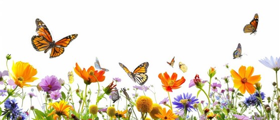 Fototapeta premium Colorful butterflies and wildflowers in full bloom against a white background, showcasing the beauty of nature and biodiversity.