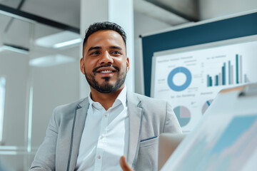 Fototapeta premium Smiling professional male in a grey suit sits in a bright meeting room with a positive demeanor during a corporate presentation, exuding leadership and competence