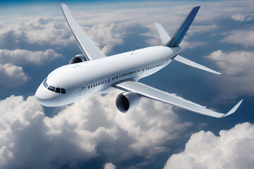 Obraz premium Airplane in the Clouds and Blue Sky in the Background, Over the Cloudy Sky, Passenger Civil Airplane Jet Flying at Flight Level High in the Sky Above the Clouds and Blue Sky, View Directly in Front