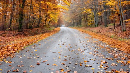 Scenic autumn road with fallen leaves and colorful trees, creating a picturesque pathway through the forest under a misty atmosphere.