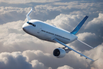Obraz premium Airplane in the Clouds and Blue Sky in the Background, Over the Cloudy Sky, Passenger Civil Airplane Jet Flying at Flight Level High in the Sky Above the Clouds and Blue Sky, View Directly in Front