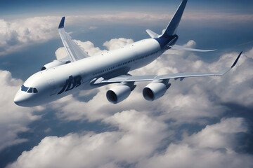 Obraz premium Airplane in the Clouds and Blue Sky in the Background, Over the Cloudy Sky, Passenger Civil Airplane Jet Flying at Flight Level High in the Sky Above the Clouds and Blue Sky, View Directly in Front