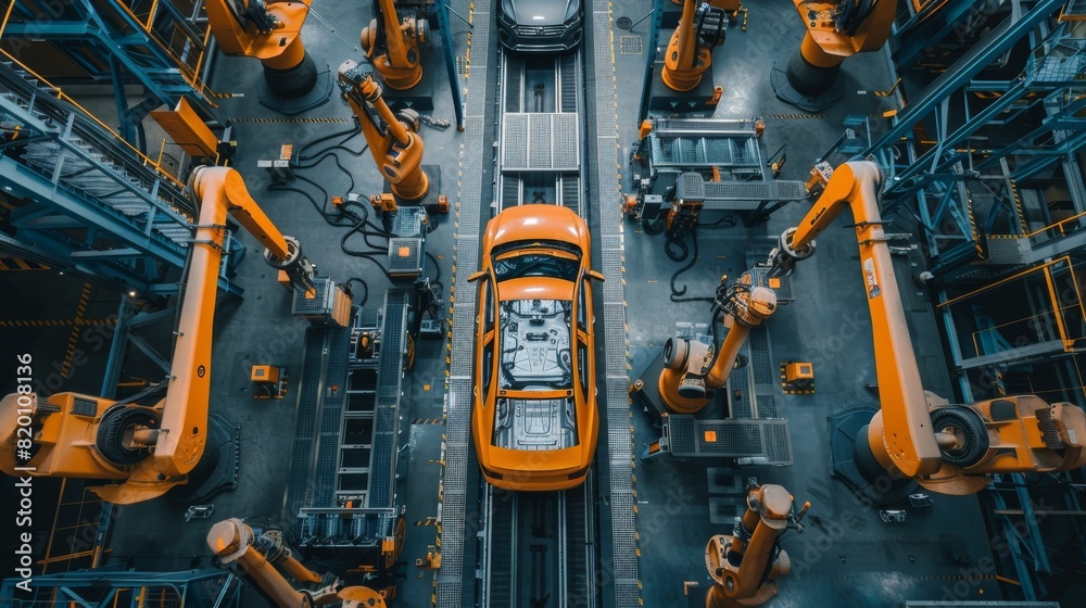 Poster hightech robotic assembly line manufacturing cars in a modern factory involves automation, robotics,