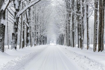 Tranquil snowy road lined with tall trees covered in fresh snow, creating a serene winter landscape ideal for holiday and nature themes.