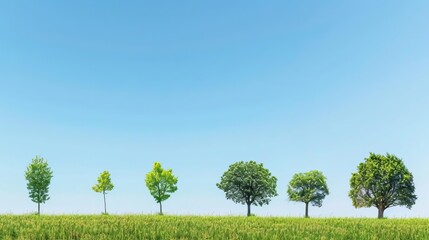 Fototapeta premium A row of trees in various stages of growth standing tall against a clear, blue sky in a grassy field, symbolizing nature and progression.