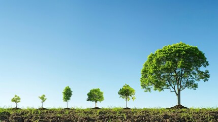A row of trees in different stages of growth, from small saplings to full-grown tree, under a clear blue sky.