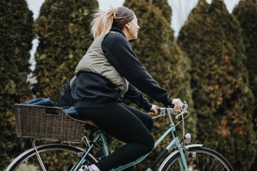 Outdoor candid shot of a relaxed young female cyclist riding a vintage bicycle with a basket in a...