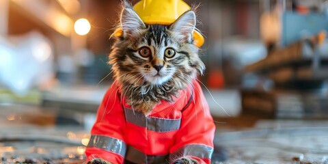 Hilarious Cat Mimicking a Construction Worker at a Job Site. Concept Funny Cats, Construction Worker, Hilarious Animals, Job Site Mimicry, Cat Humor