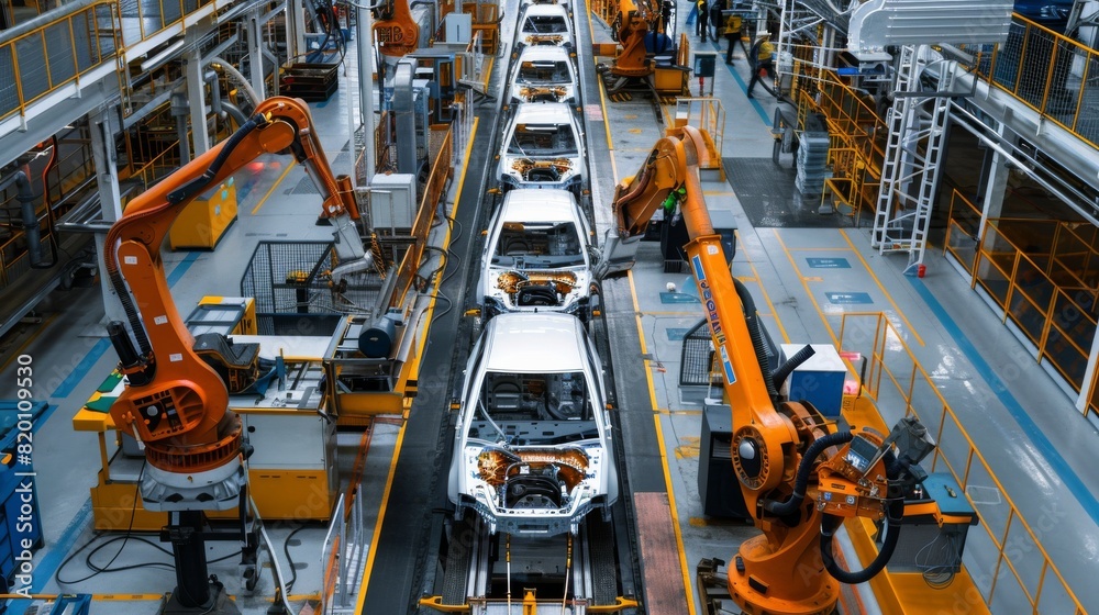 Poster The modern factory uses industrial robots in an automated car manufacturing assembly line for efficient production. This advanced technology optimizes the auto manufacturing process