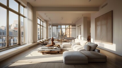 Minimalist living room with a white sofa, a single coffee table, and large windows letting in natural light.