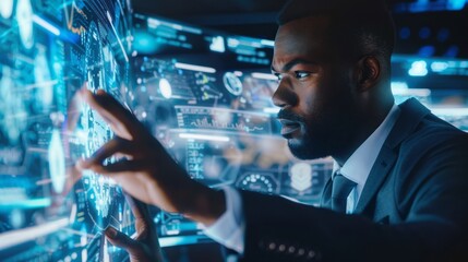 Metaverse digital cyber world technology concept businessman success working with his team as concept with virtual digital dashboard interface with The real world with the virtual world overlapped