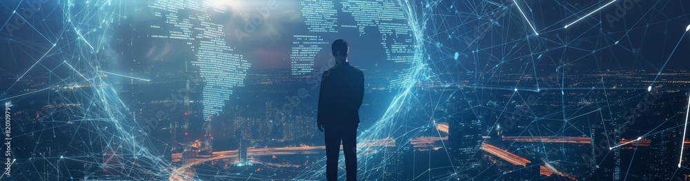 Aufkleber in a modern urban cityscape, a visionary entrepreneur pioneers a shift towards digital transformatio