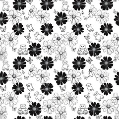 White daisies, black and white butterflies, little bears, white, seamless fabric patterns, fashion, textiles, backgrounds