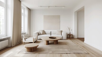 Minimalist living room with Scandinavian-style furniture, a light wooden coffee table, and white walls.
