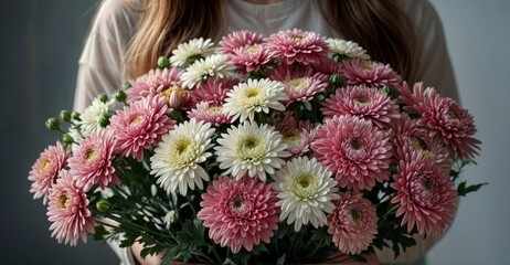 Close-up of a bright festive bouquet with chrysanthemums in female hands.