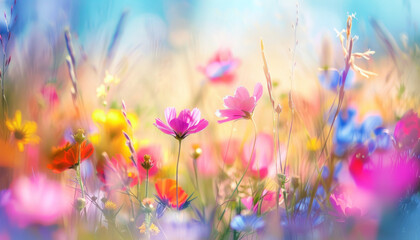 Beautiful summer meadow with pink and blue wildflowers. Vegetative nature landscape with soft...