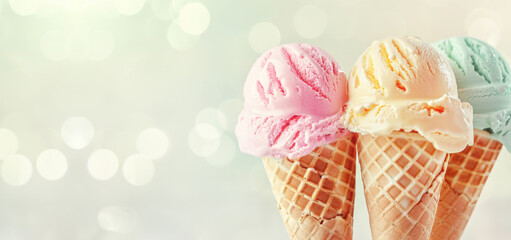 Set of sweet vanilla ice cream in waffle cones against light blue background. Yummy summer dessert, pastel colors, banner.
