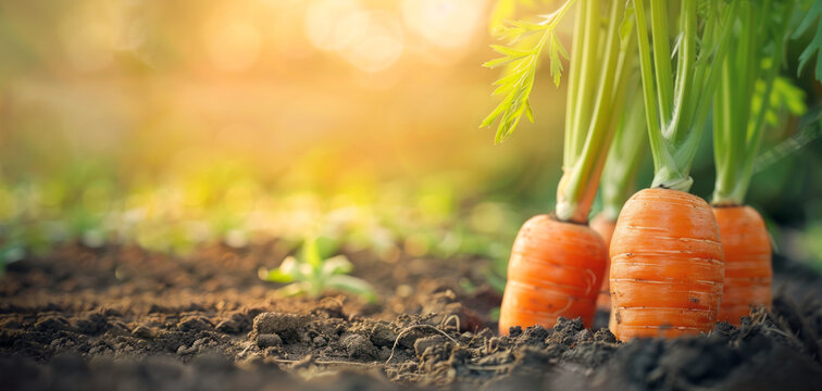 Ripe carrots growing from the ground in the garden. Organic farming, horticulture and agriculture vegetable production, banner.