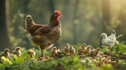 Fototapeta premium Mother hen proudly clucking as she leads her fluffy chicks on an outdoor adventure, teaching them about the world.