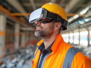 A man wearing a yellow safety helmet and orange vest is looking at a virtual reality headset. Concept of excitement and anticipation as the man prepares to experience the virtual world