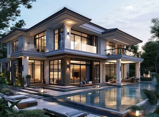 Fototapeta premium Modern Villa with Swimming Pool and Garden