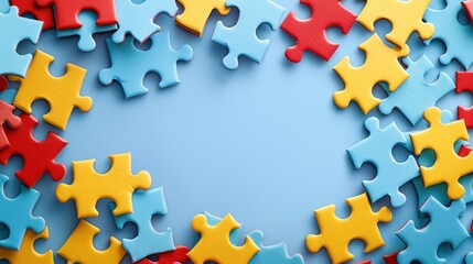 Autism Awareness Puzzle Frame on Blue Background with Copy Space - Top View