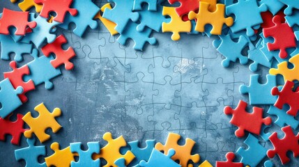 Autism Awareness Puzzle Frame on Blue Background with Copy Space - Top View