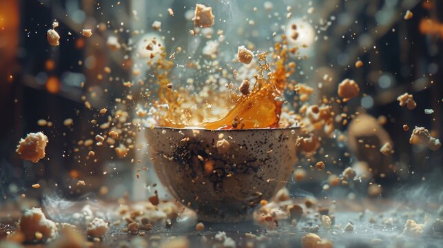 Image shows a bowl of cereal with milk being blasted upwards in slow motion with anoYi Bu gasuro-mo-shiyondeShang Xiang kiniChui kiFei basareteiruYang Zi woYing shiChu shiteimasu.