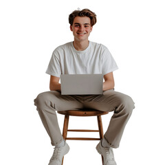 Young man using laptop while sitting on chair isolated on transparent background