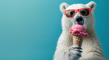 Polar Bear Wearing Sunglasses Eating Ice Cream on Blue Background.