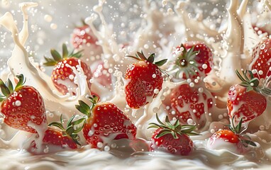 Vivid image of ripe strawberries falling into a splash of milk, capturing the dynamic motion and fresh, creamy droplets..