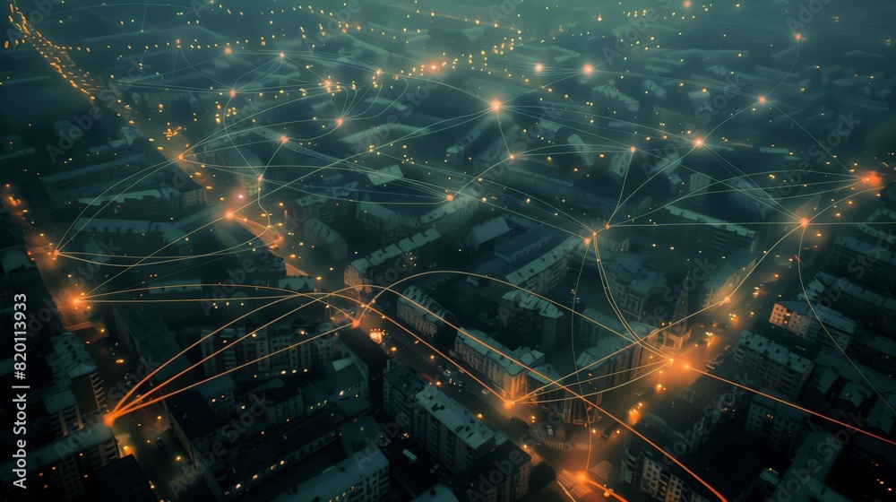 Poster the urban cityscape at night presents a mesmerizing aerial view highlighted by a network of luminous