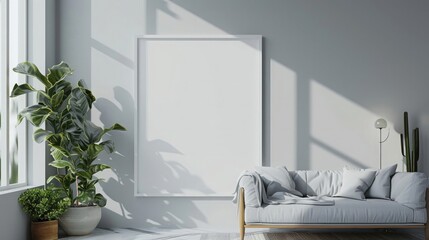 3D rendering of a white vertical frame mockup on the wall in a minimalistic interior design. A large poster with blank space for text,