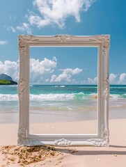 An elegant white ornate frame stands on a sandy beach, framing a beautiful seascape with clear blue skies and gentle waves..