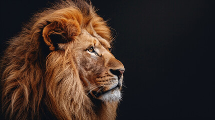 Fototapeta premium Portrait of a majestic lion. A powerful and majestic lion with a flowing mane, captured in a dramatic and regal profile view.