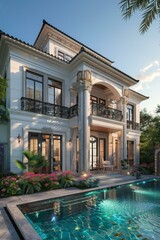 Fototapeta premium Modern Villa with Swimming Pool and Courtyard